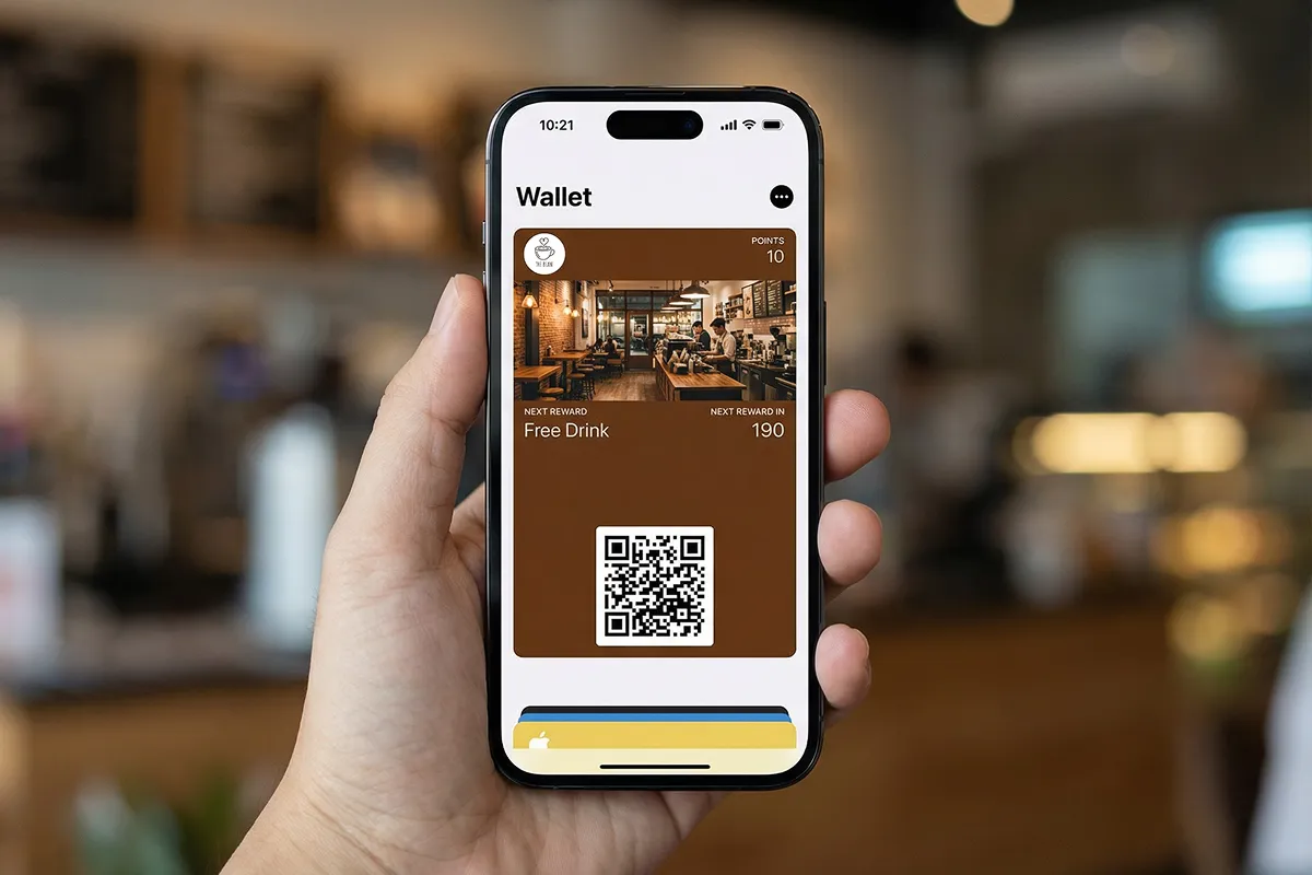 A hand holding a phone showing a coffee shop loyalty card in Apple Wallet