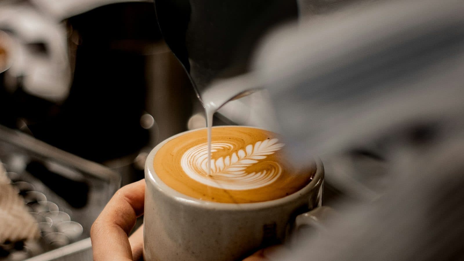 A barista's hand steadying a ceramic cup while milk is poured into it, finishing a fern of latte art, with the espresso machine out of focus behind.