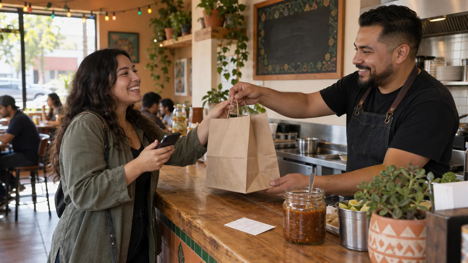 A regular customer at a taqueria counter with a phone and a stamp card while a server hands over a takeout order