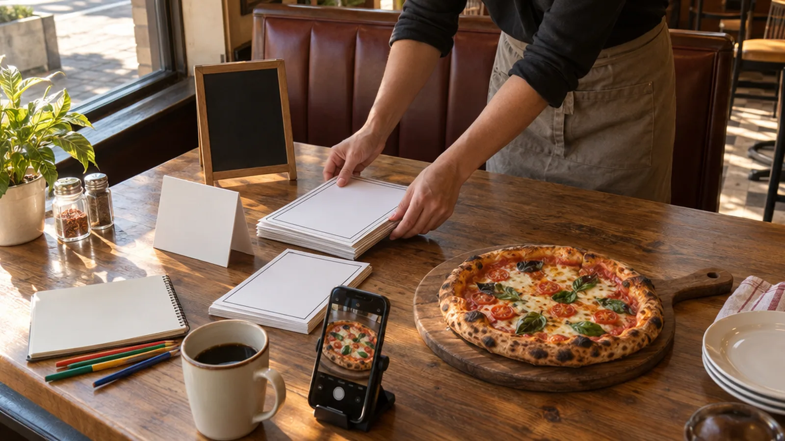An owner laying out blank flyers and table tents and photographing a pizza on a diner booth table
