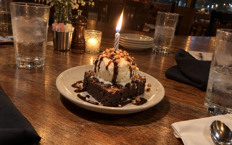Free birthday dessert with a single candle on a restaurant table