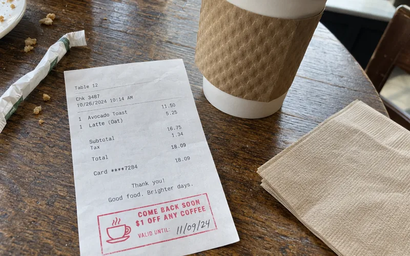Restaurant receipt stamped with a come-back-this-week coffee offer next to a to-go cup