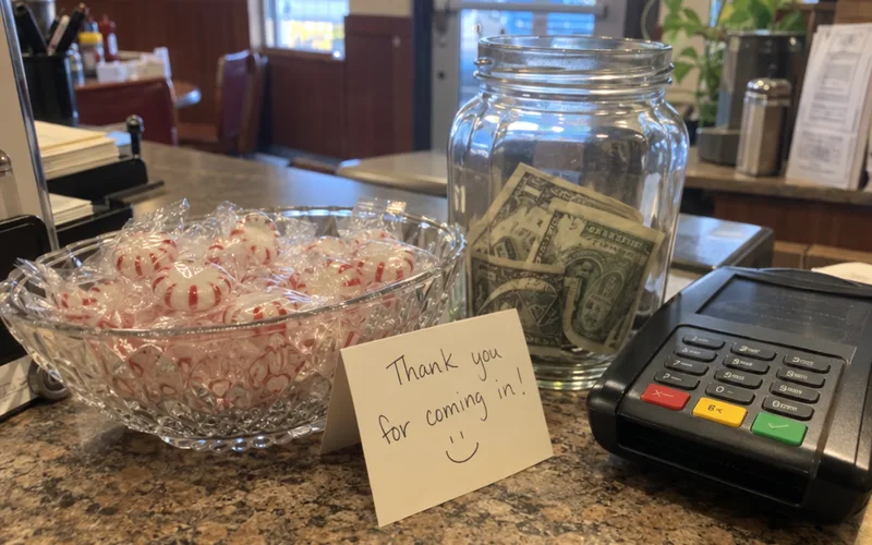 Bowl of wrapped mints with a thank-you card next to a restaurant register