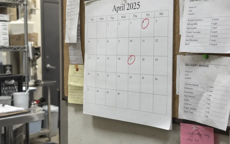 Wall calendar in a restaurant office with two dates circled in red
