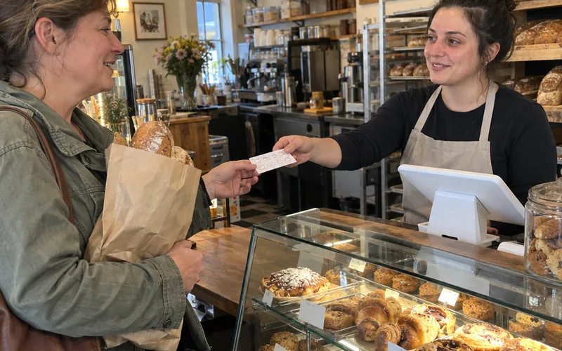A bakery cashier handing a new paper loyalty card across the counter to a customer holding a bag of bread