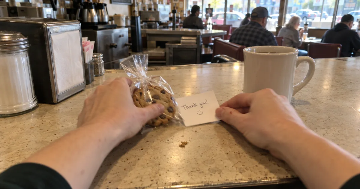 A handwritten thank-you card and a wrapped cookie slid across a diner counter next to a coffee mug