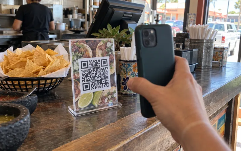 A customer holding up a phone to scan a printed QR code sign on a taqueria counter to join a loyalty card