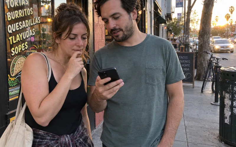 Two friends outside a small taqueria checking a phone before deciding where to eat