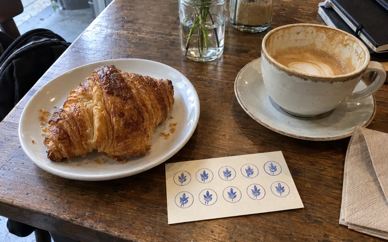 A free croissant on a plate next to a fully stamped paper loyalty punch card and a latte on a cafe table