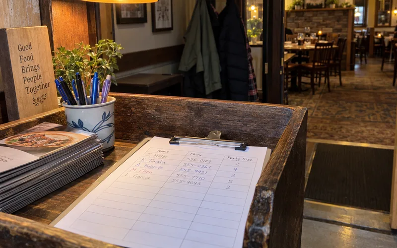 Clipboard guest sheet with names and phone numbers on a restaurant host stand