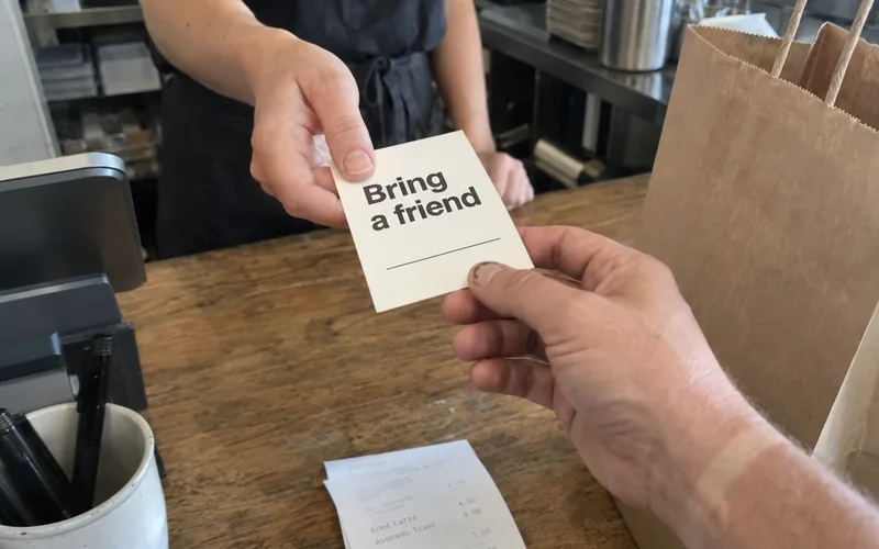 Handing a regular a bring-a-friend referral card at the counter