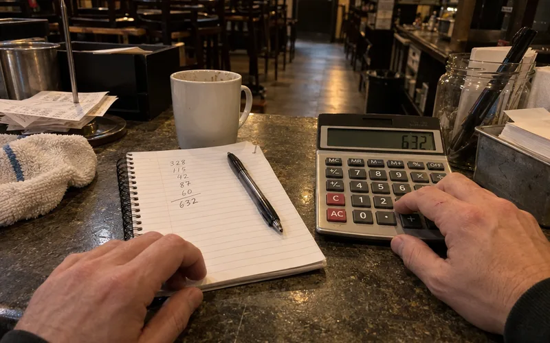 Hands adding up monthly texting costs on a calculator and notebook