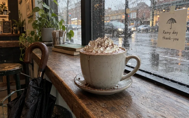 Hot chocolate on a cafe window counter on a rainy day