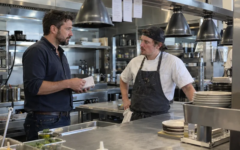A restaurant owner and a cook talking at the kitchen pass on a quiet afternoon