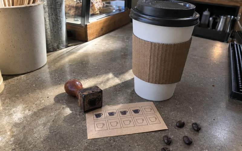 Coffee punch card with stamps next to a to-go cup