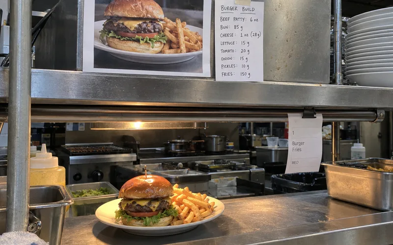 Plating reference photo taped above a restaurant kitchen pass next to a finished burger plate