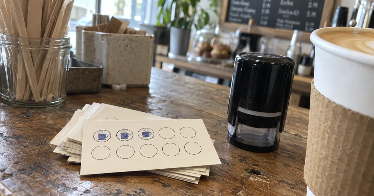 A stack of paper loyalty punch cards with a few stamped circles next to a self-inking stamp and a cup of coffee on a cafe counter