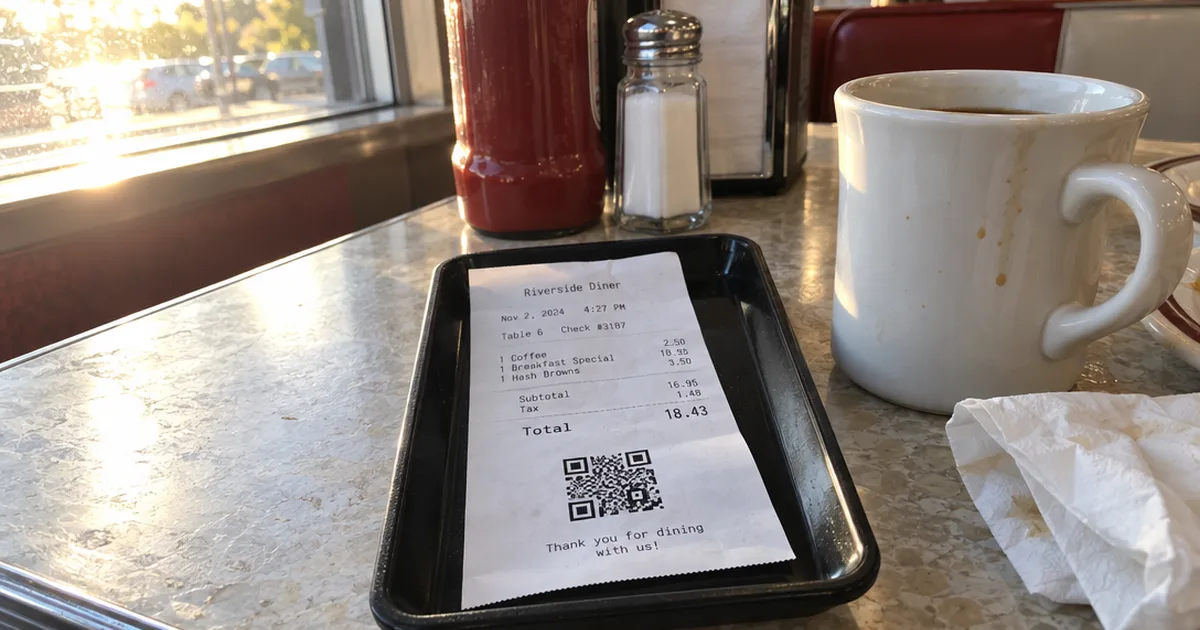 A diner receipt with a printed QR code at the bottom, resting on a check tray next to a cup of coffee