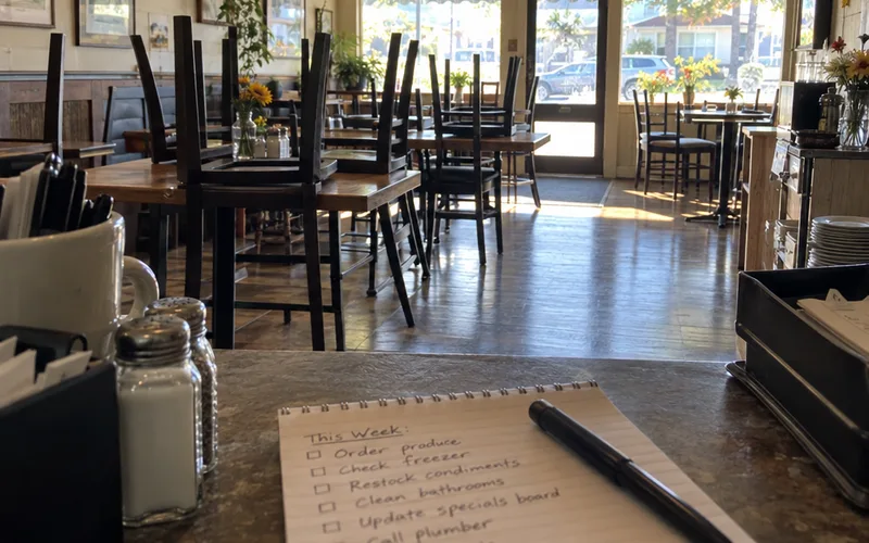 An empty dining room before opening with a handwritten weekly checklist on the counter