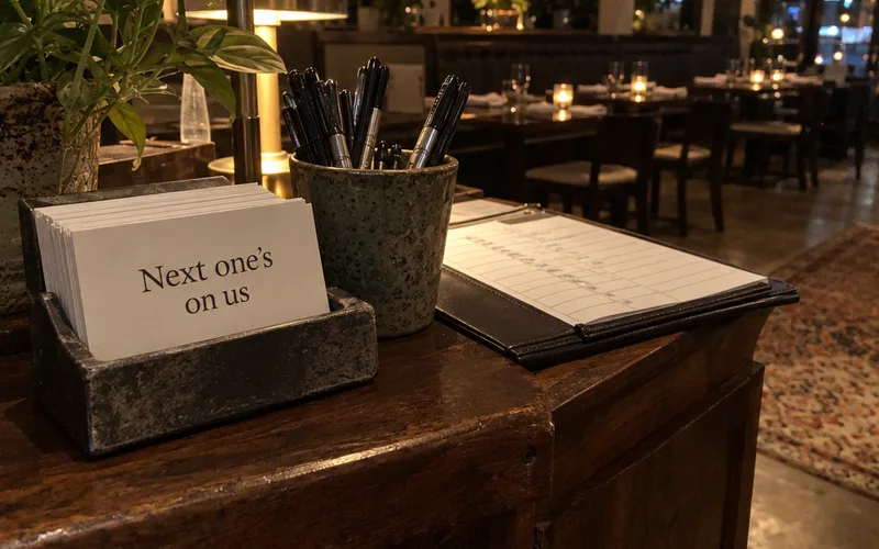 Stack of 'next one's on us' rain check cards at a restaurant host stand