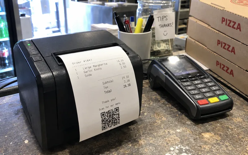 A thermal receipt printer at a pizzeria counter printing a receipt with a QR code at the bottom