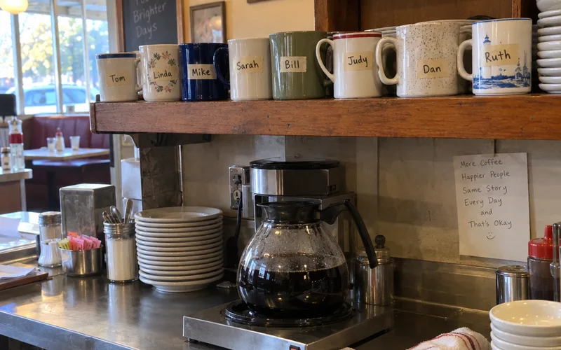 Row of regulars' named coffee mugs on a shelf behind a diner counter