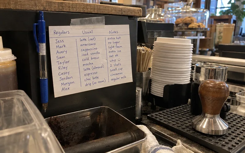 Index card by a cafe register listing regulars' names and usual orders
