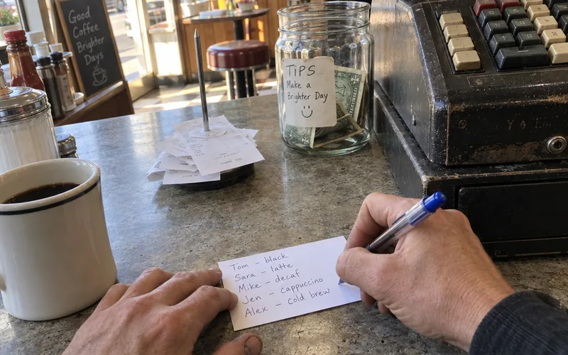 Hands writing regulars' names and usual orders on an index card beside a diner register
