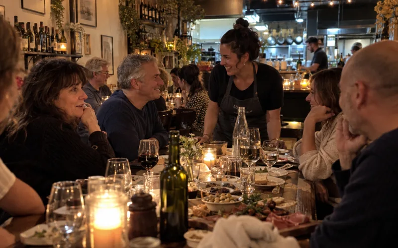 Regular customers at a restaurant appreciation night with shared appetizers