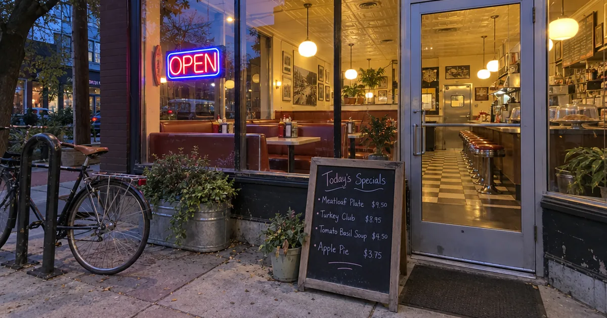 Front window of a small neighborhood diner at dusk with a lit open sign and a specials chalkboard on the sidewalk