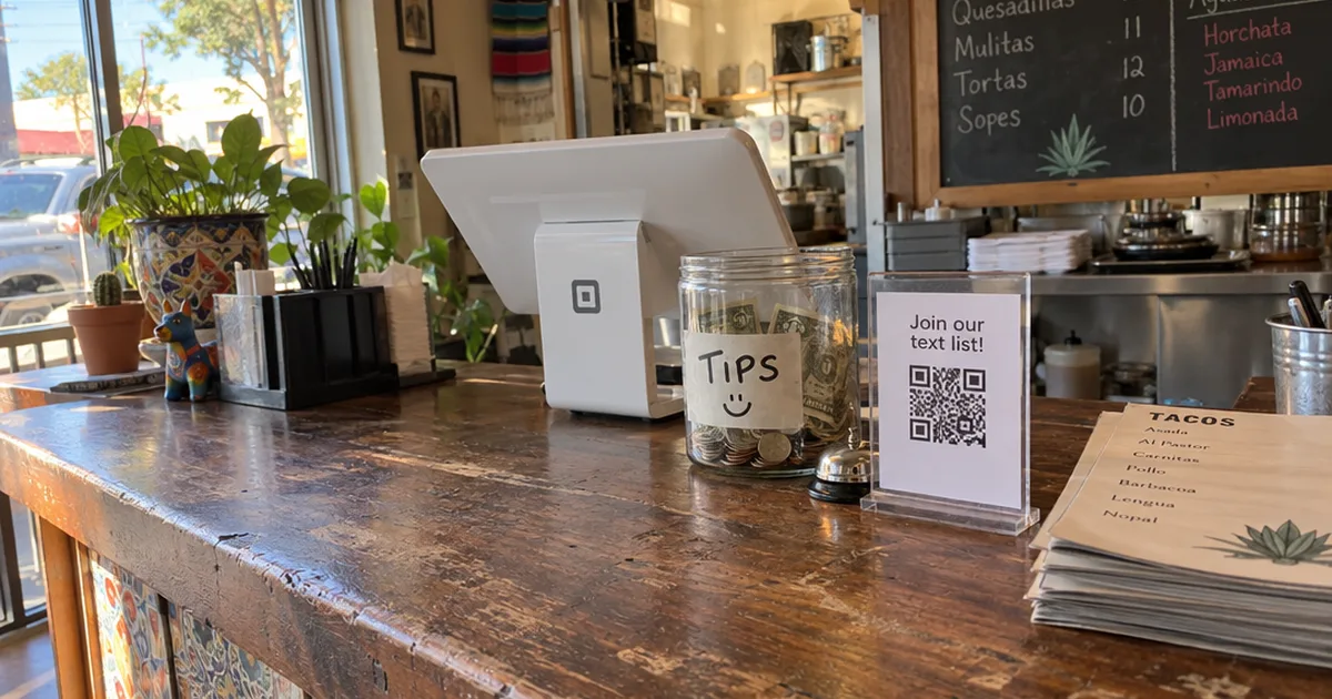 Taqueria front counter with a small sign inviting guests to join the restaurant's text list by QR code