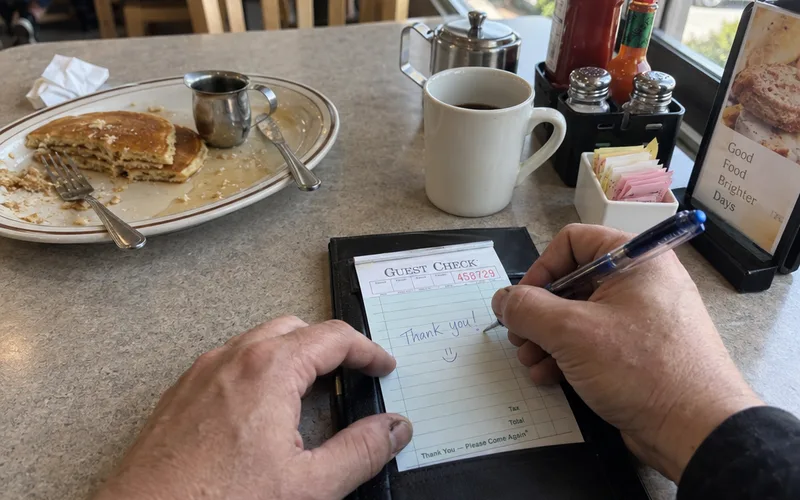 Server writing a thank-you note on a paper guest check