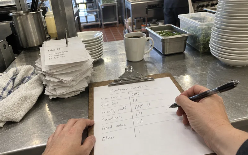 Hands tallying review complaints on a clipboard sheet on a kitchen prep counter