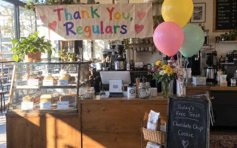 Thank You Regulars banner above a cafe register on customer appreciation day
