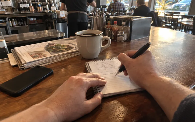 Hands writing a review log in a notebook on a restaurant counter beside a phone and coffee